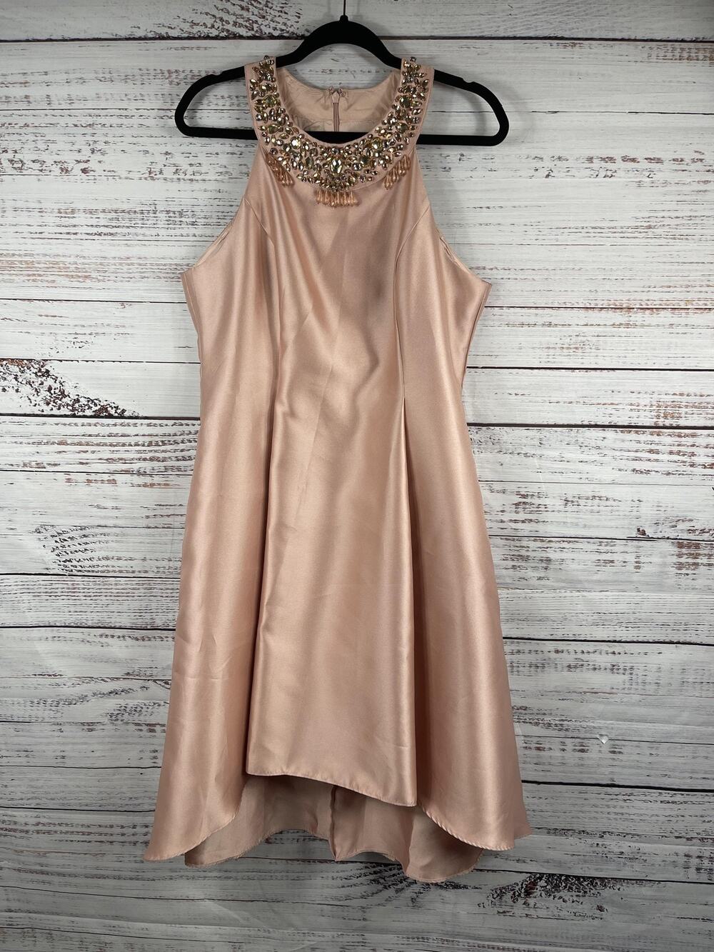 Adrianna Papell Dress Women's Size 14 Blush Pink Beaded Neck High Low Hem Formal